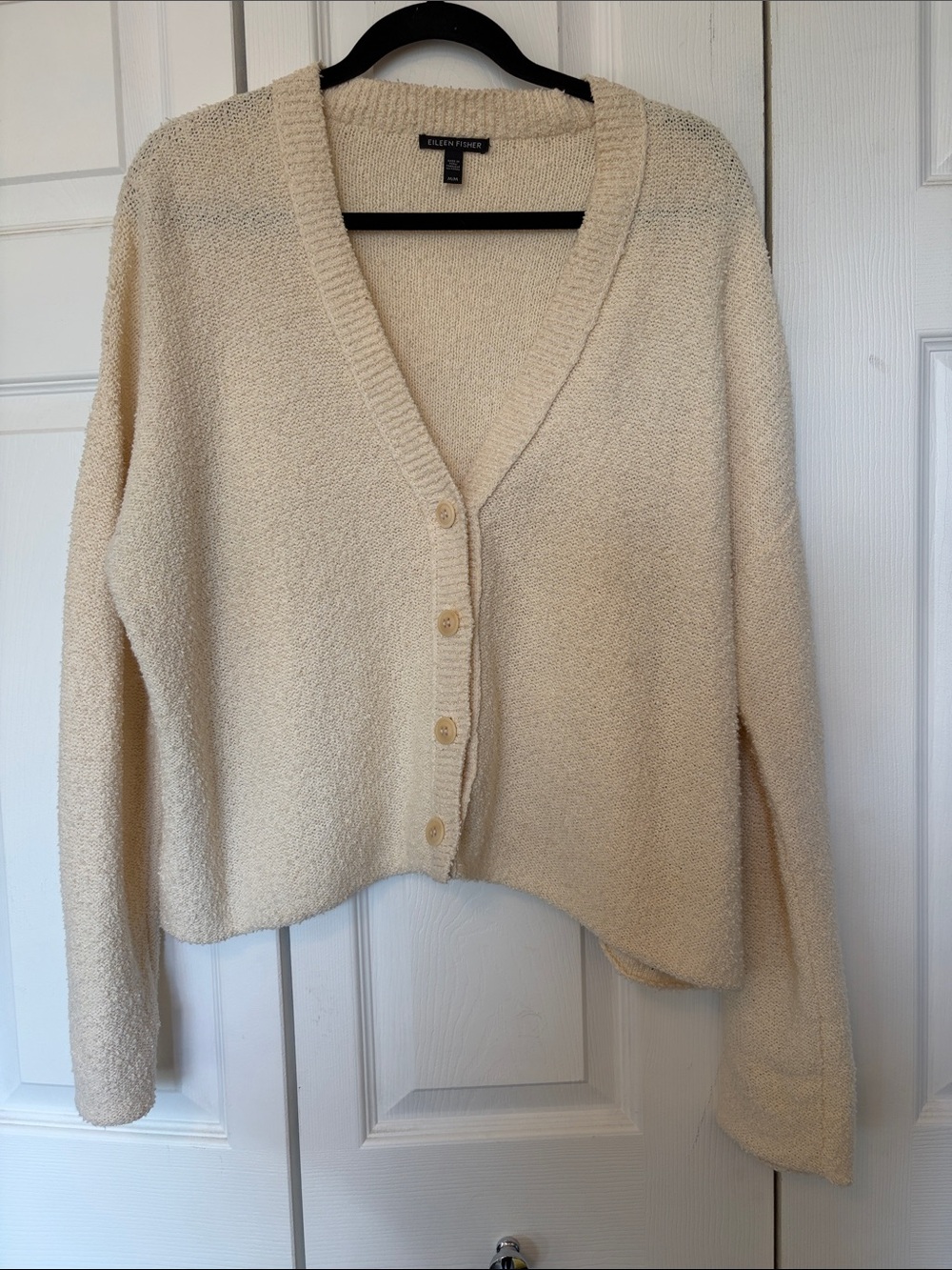 Eileen Fisher Cream Button-Front V-Neck Bouclé Cardigan 100% cotton